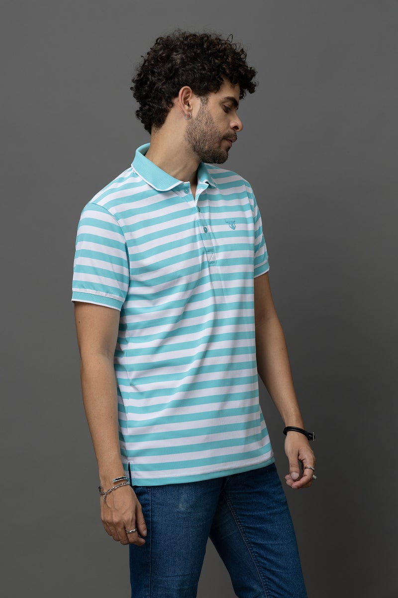 GO DEVIL Blue & White Striped Polo T-Shirt for Men - Image 2